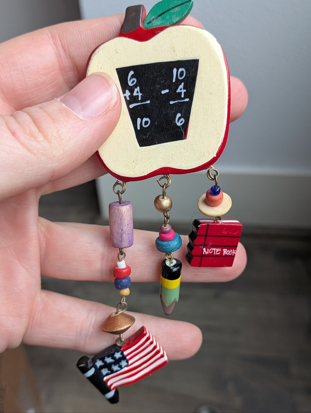 Vintage Wood Teacher Dangle Pin Brooch Apple Chalkboard Pencil Notebook Flag 90s